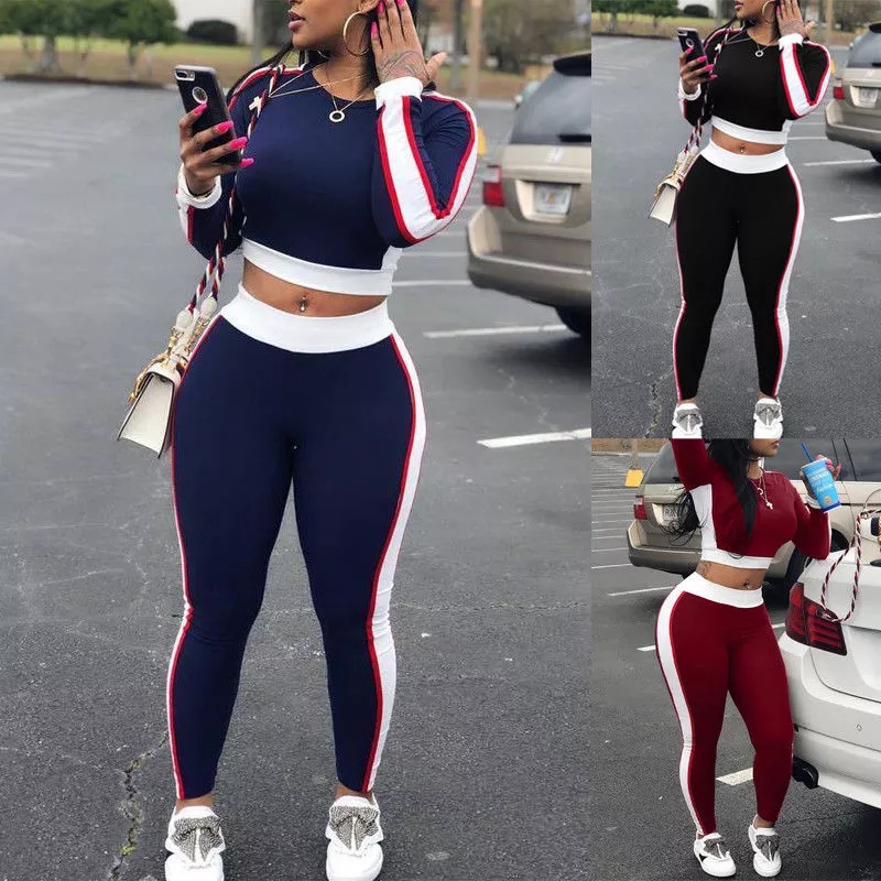 2Pcs Set Sexy Women Sports Set Sleeve Crop Top Pants  Workout Athletic Workout Clothes Tracksuit