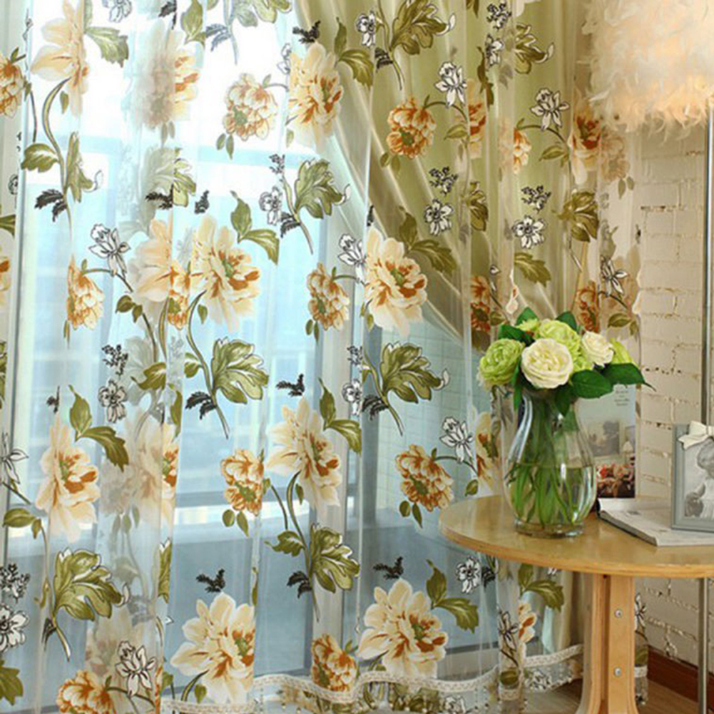 Door Blinds Window Peony Printed Transparent Tulle Curtain home Valance Decoration Curtains Room