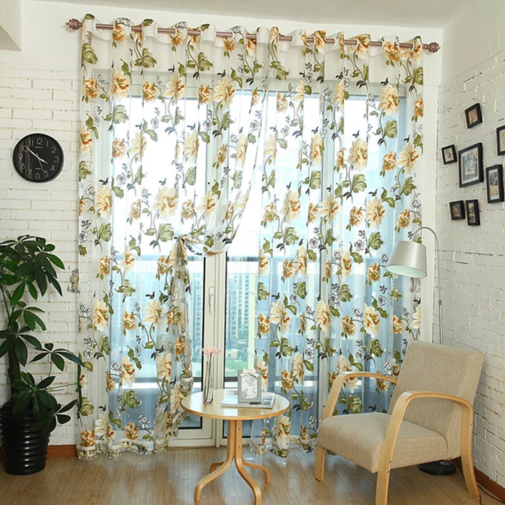 Door Blinds Window Peony Printed Transparent Tulle Curtain home Valance Decoration Curtains Room