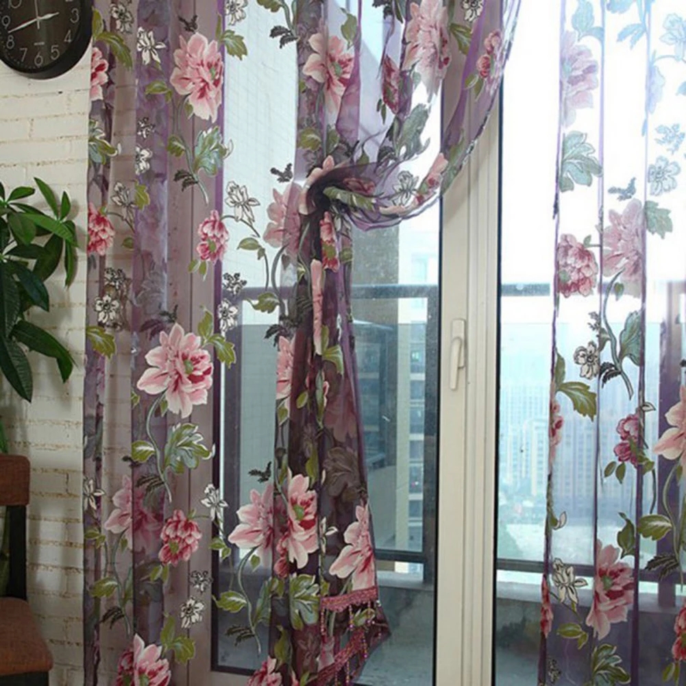 Door Blinds Window Peony Printed Transparent Tulle Curtain home Valance Decoration Curtains Room