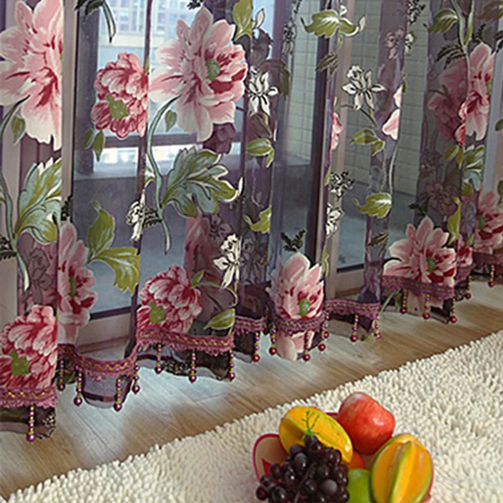 Door Blinds Window Peony Printed Transparent Tulle Curtain home Valance Decoration Curtains Room