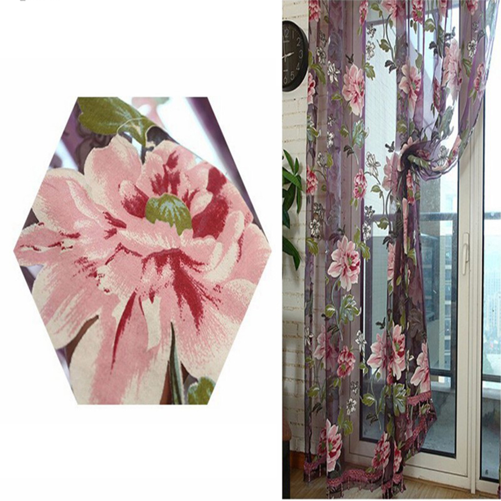 Door Blinds Window Peony Printed Transparent Tulle Curtain home Valance Decoration Curtains Room