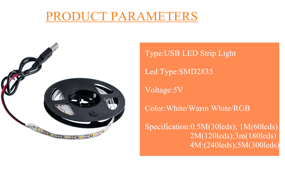 LED Strip Light USB 2835SMD DC5V Flexible LED Lamp Tape Ribbon RGB 0.5M 5M BackLight Diode Tape