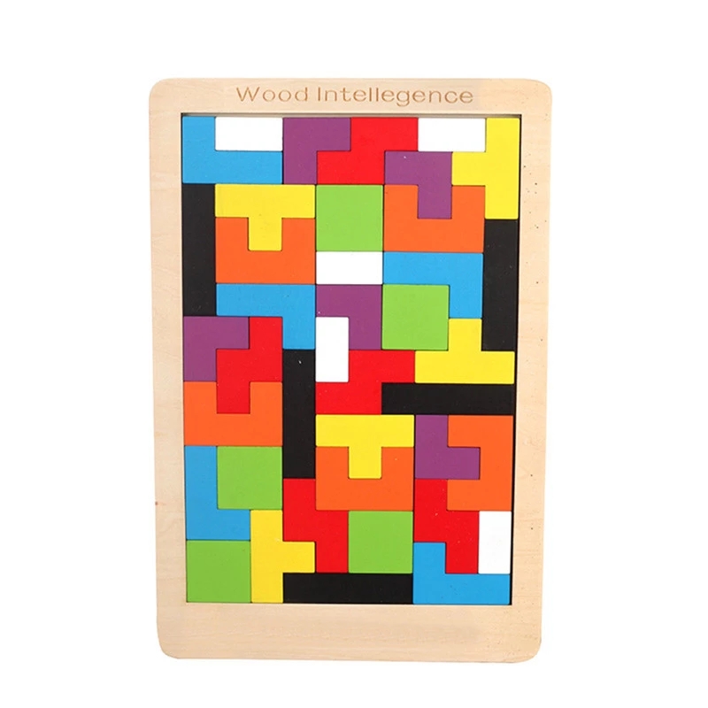 Colorful 3D Puzzle Wooden Tangram Math Toys Tetris Game Children Pre-school Intellectual Toy for Kid