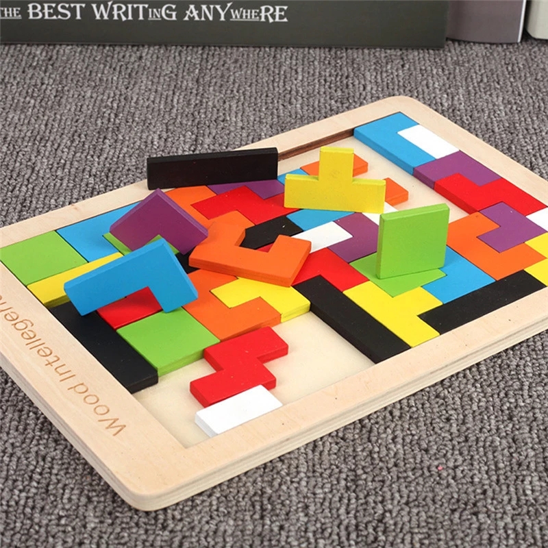 Colorful 3D Puzzle Wooden Tangram Math Toys Tetris Game Children Pre-school Intellectual Toy for Kid