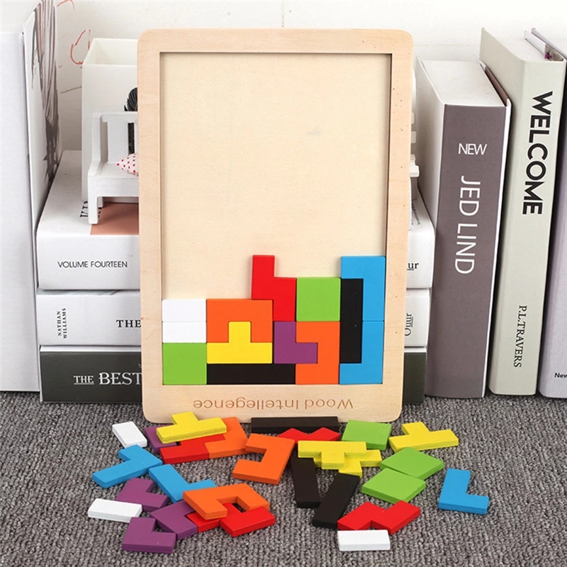 Colorful 3D Puzzle Wooden Tangram Math Toys Tetris Game Children Pre-school Intellectual Toy for Kid