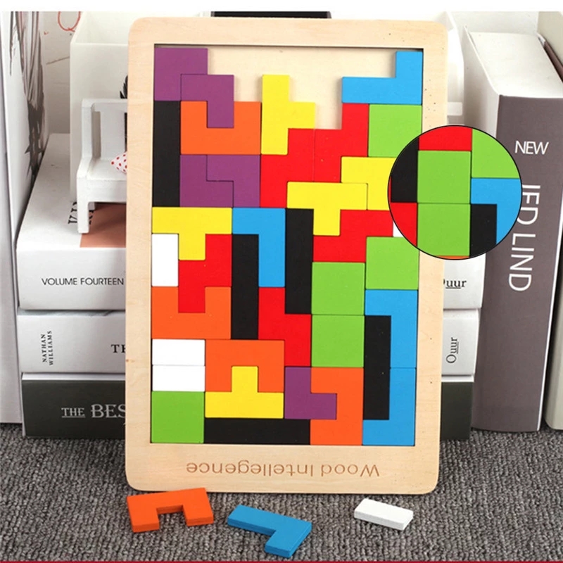 Colorful 3D Puzzle Wooden Tangram Math Toys Tetris Game Children Pre-school Intellectual Toy for Kid