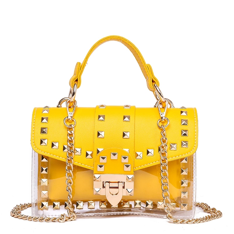 Women New Luxury Handbags Chains City Jogging Bag Female Rivets Transparent Square PU Handbag