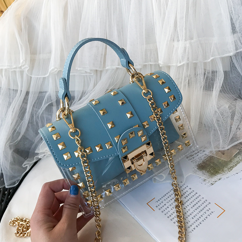 Women New Luxury Handbags Chains City Jogging Bag Female Rivets Transparent Square PU Handbag