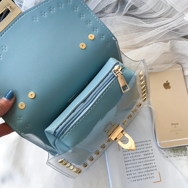 Women New Luxury Handbags Chains City Jogging Bag Female Rivets Transparent Square PU Handbag