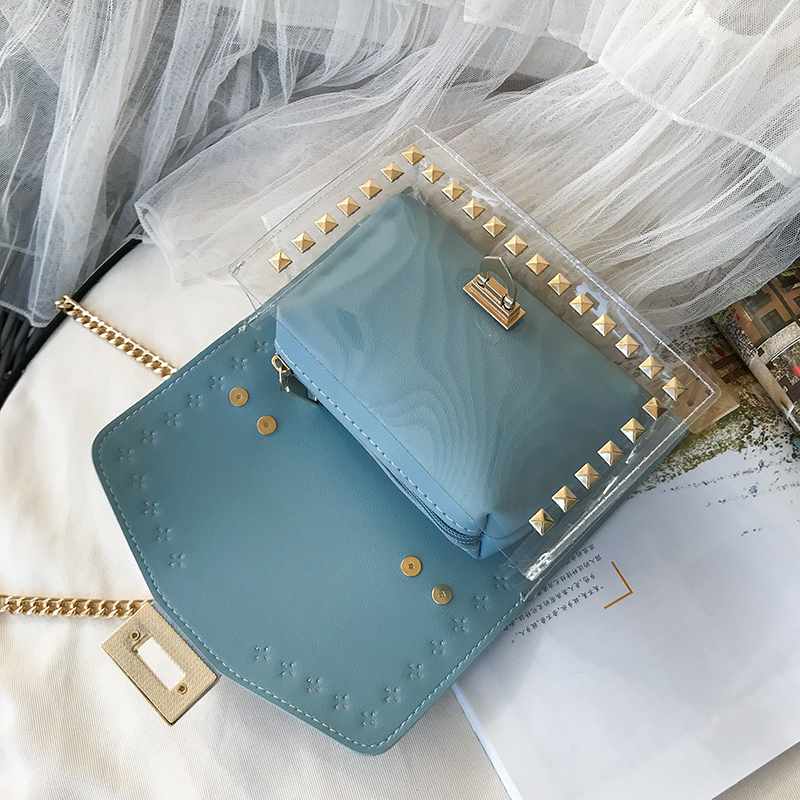 Women New Luxury Handbags Chains City Jogging Bag Female Rivets Transparent Square PU Handbag