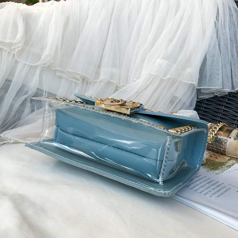 Women New Luxury Handbags Chains City Jogging Bag Female Rivets Transparent Square PU Handbag