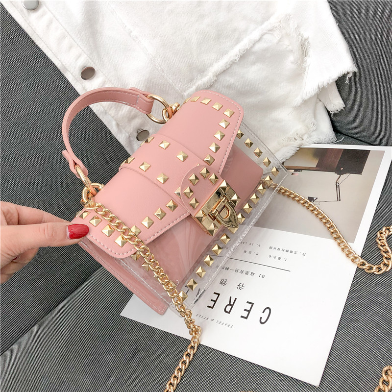 Women New Luxury Handbags Chains City Jogging Bag Female Rivets Transparent Square PU Handbag