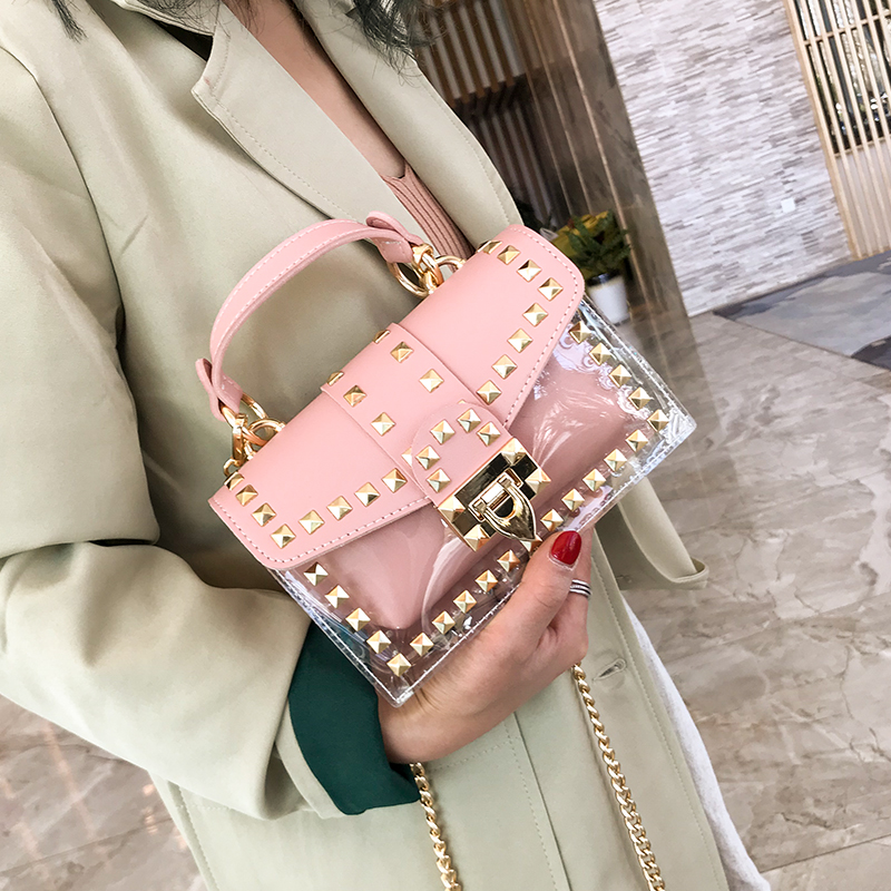 Women New Luxury Handbags Chains City Jogging Bag Female Rivets Transparent Square PU Handbag