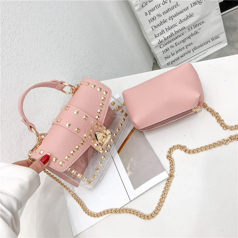 Women New Luxury Handbags Chains City Jogging Bag Female Rivets Transparent Square PU Handbag