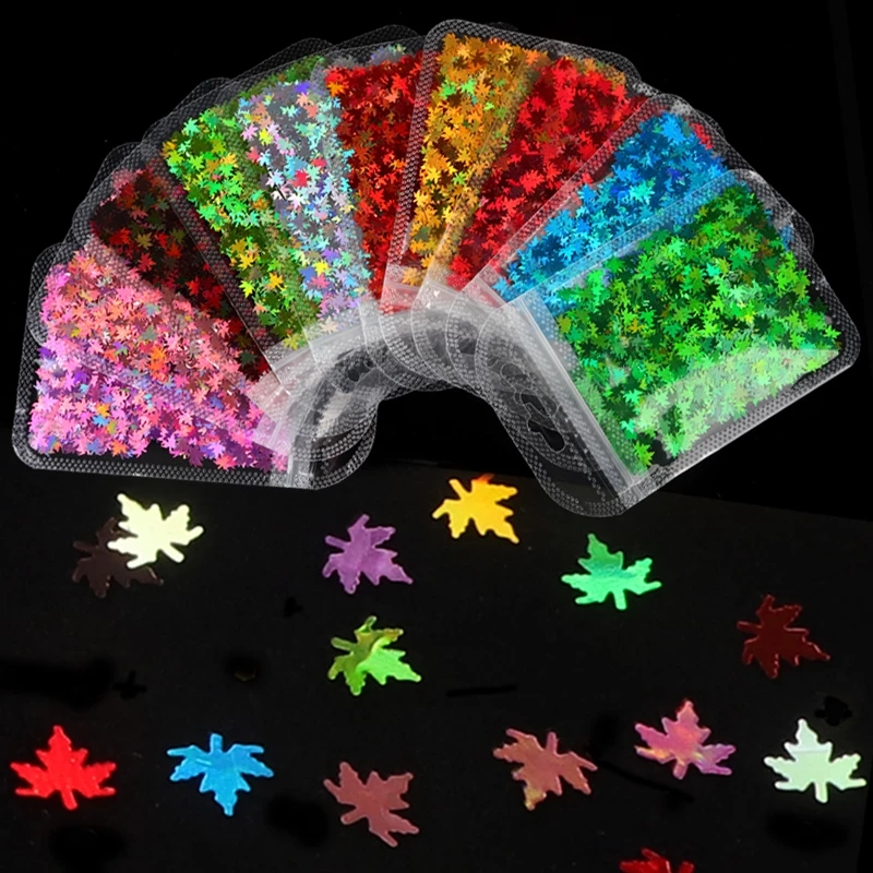 1Bag Holographic Maple Leaf Nail Art Sequins Chameleon Nail Glitter Flakes Laser Leaves Decoration