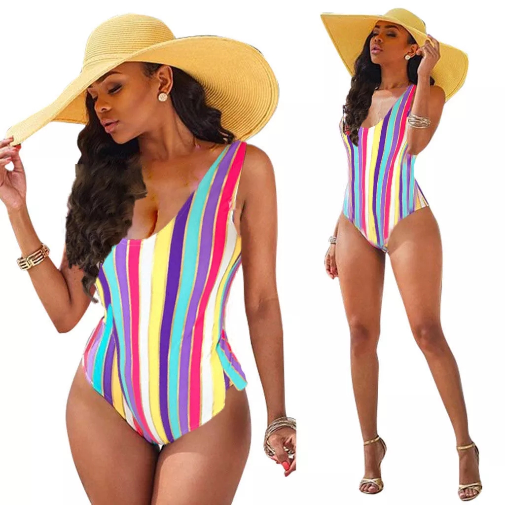 Women Sexy Swimsuit Rainbow Striped High Waist Bathing Suits Backless Bodysuit Swimwear Female wear