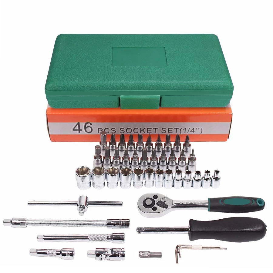 Car Repair Tool 46pcs 1/4-Inch Socket Set Ratchet Torque Wrench Combo Tools Kit Auto Repairing Tool