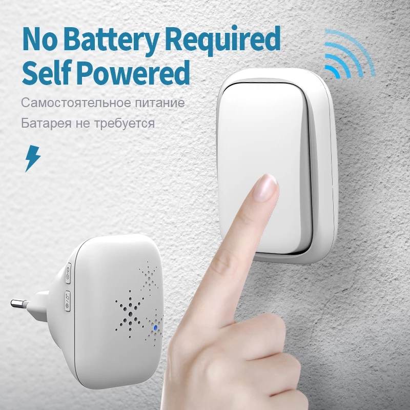 Wireless Doorbell No Battery Required Waterproof Self-Powered Smart Door Bell Home Cordless Calling