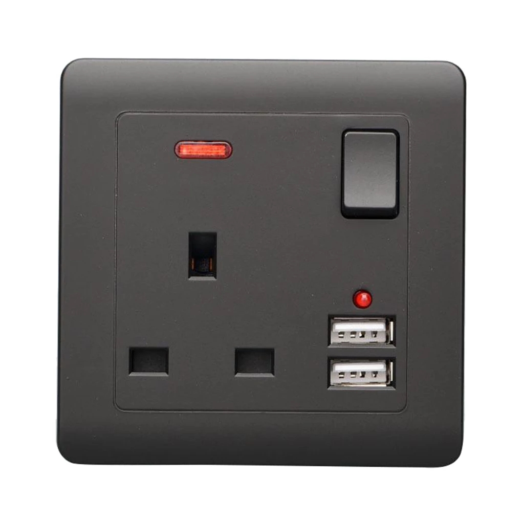 Double Wall UK Plug Socket 2 Gang 13A with 2 USB Charger Outlets