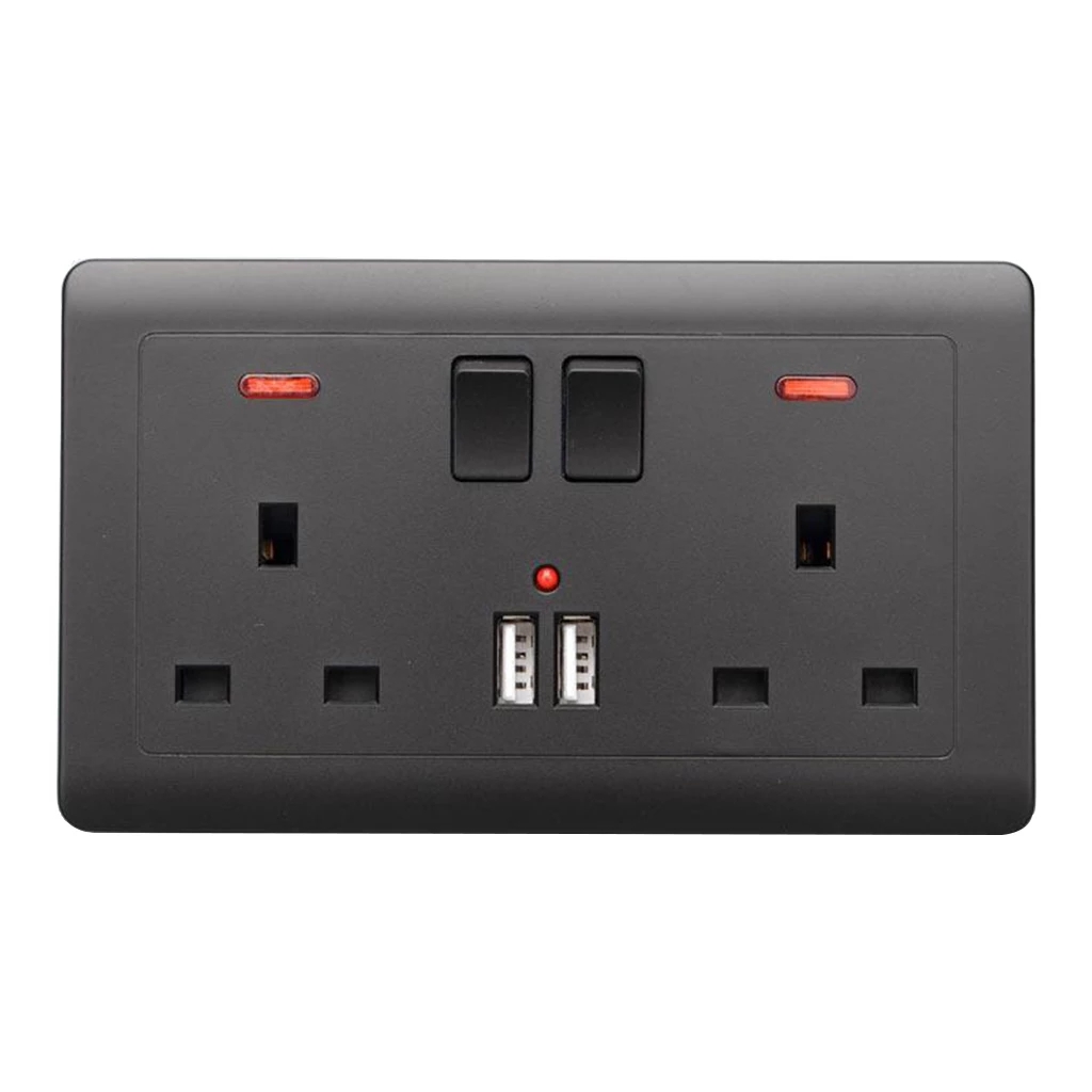 Double Wall UK Plug Socket 2 Gang 13A with 2 USB Charger Outlets