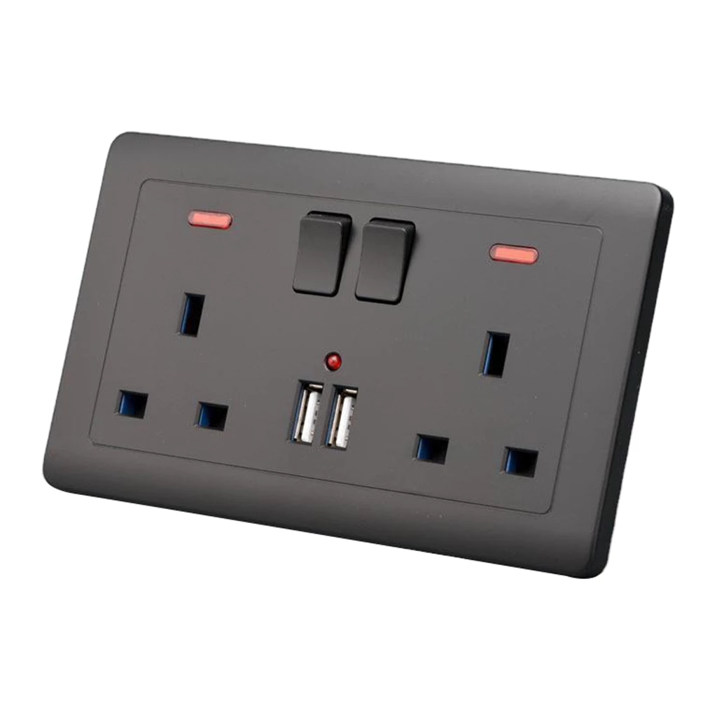Double Wall UK Plug Socket 2 Gang 13A with 2 USB Charger Outlets
