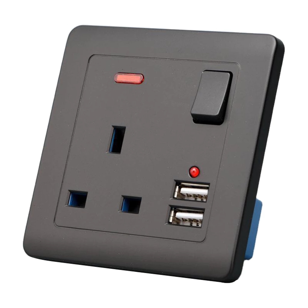 Double Wall UK Plug Socket 2 Gang 13A with 2 USB Charger Outlets