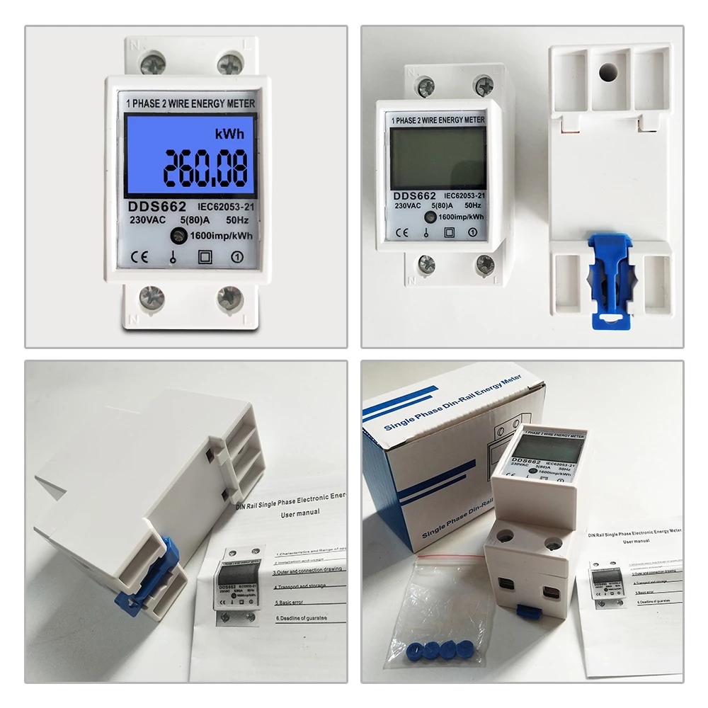 80A Din rail Single Phase Two Wire LCD Digital Energy Electric Meter kWh AC 220V 230V 50Hz/60Hz