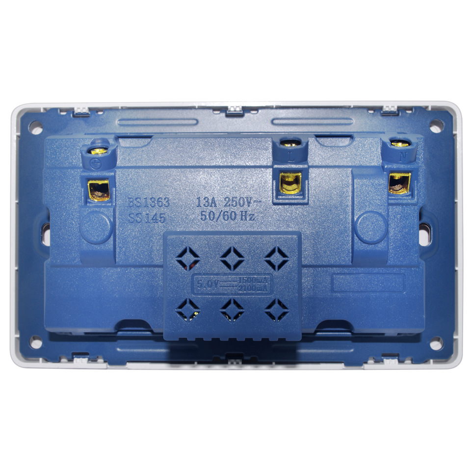 Double Wall UK Plug Socket 2 Gang 13A with 2 USB Charger Outlets