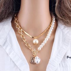 2 Layers Pearls Geometric Pendants Necklaces For Women Gold Metal Snake Chain Necklace Jewelry Gift Gold see page for details