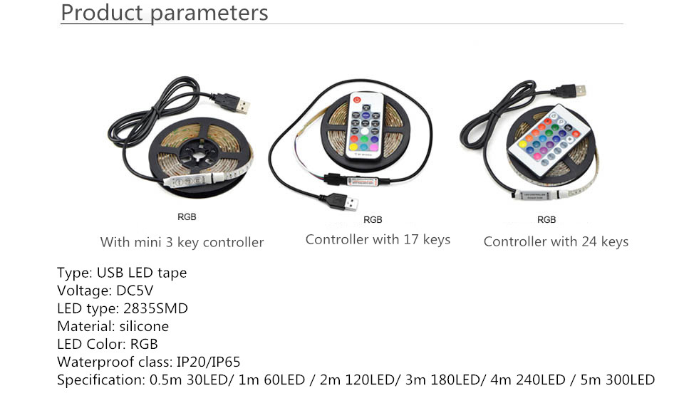 USB LED light strip USB 2835 5V RGB flexible light strip 24 keys Remote CONTROL RGB TV desktop screen backlight diode with remote control color adjustment strip