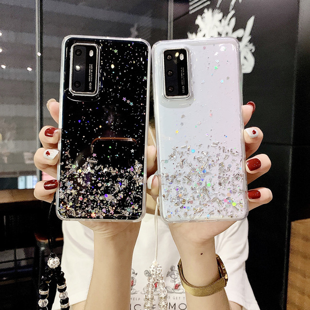 With Strap Rope Cord Clear Glitter Case For Samsung Galaxy S8 S9 A51 5G A50 A71 A70 A10  A21 A31