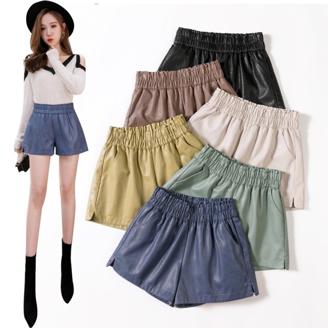 Elastic High Waist Wide Leg Biker Shorts Autumn PU Leather Shorts Women  Femme Casual Ladies Shorts