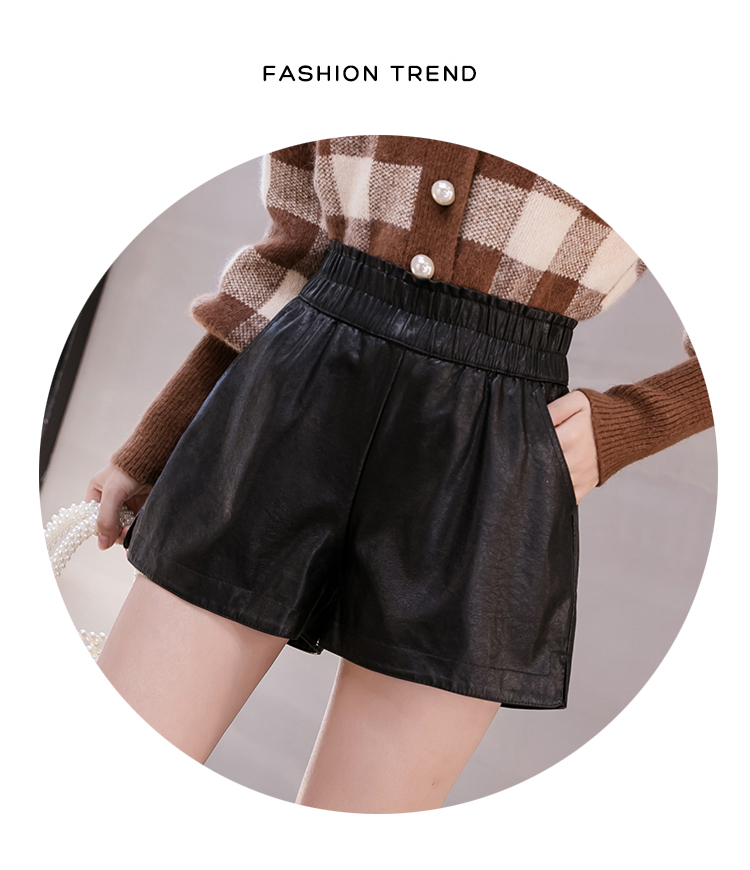 Elastic High Waist Wide Leg Biker Shorts Autumn PU Leather Shorts Women  Femme Casual Ladies Shorts