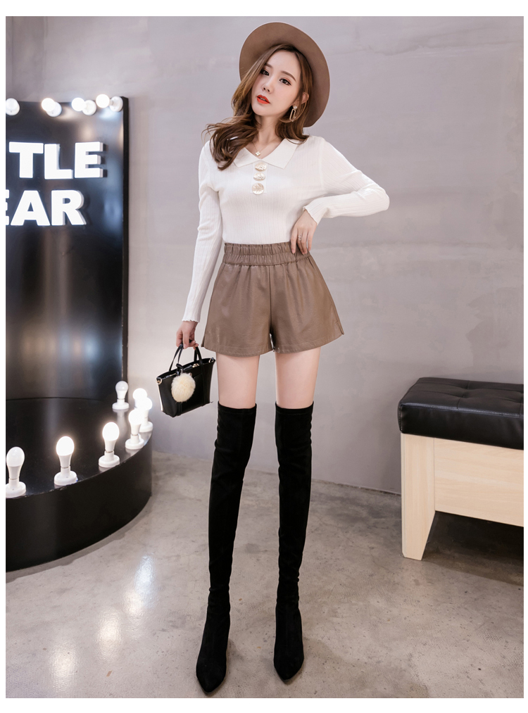 Elastic High Waist Wide Leg Biker Shorts Autumn PU Leather Shorts Women  Femme Casual Ladies Shorts