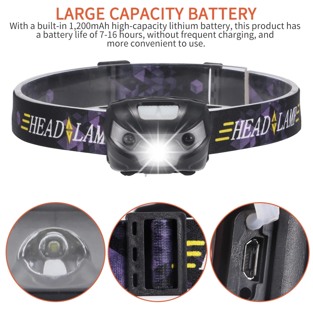 Adjustable LED USB Charging Induction Headlamp Head Torch Fishing Headlamp Induction Mode