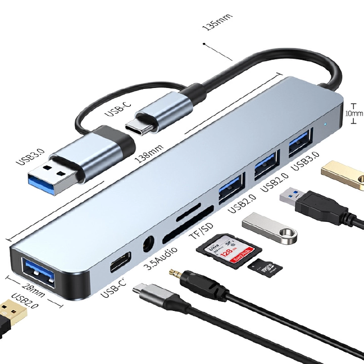 USB C Hub 8 In 1 Type C  To Adapter  SD/TF Card Reader PD Fast Charge 3.5 Audio Thunderbolt 3 USB Dock For MacBook Pro 8-in-1
