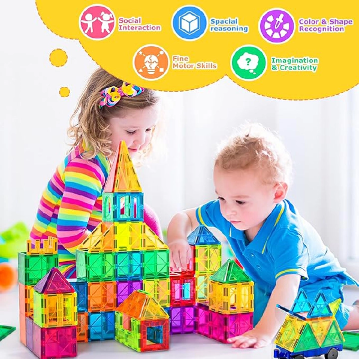 48pcs Magnetic Tiles Kids Magnetic Blocks Building Sets 3D Magnet Tile Building Blocks Magna Construction Educational STEM Toys Gifts for Toddlers Boys Girls 3 4 5 6 7 8 9 10 + Year Old