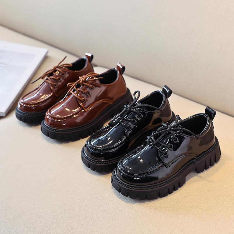 luxury school shoes Girls Boys Leather Shoes Solid Black Kid Shoes Spring Autumn Baby Casual British Style Children Shoes for Show  Glossy side Soft Bottom rubber thick bottom shoes Hot student-shoes