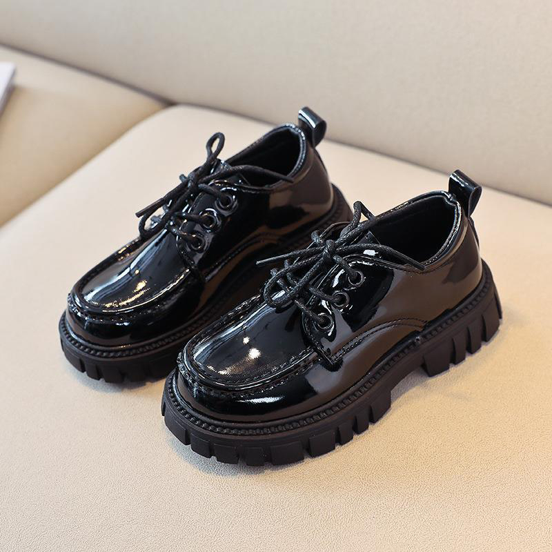 luxury school shoes Girls Boys Leather Shoes Solid Black Kid Shoes Spring Autumn Baby Casual British Style Children Shoes for Show  Glossy side Soft Bottom rubber thick bottom shoes Hot student-shoes
