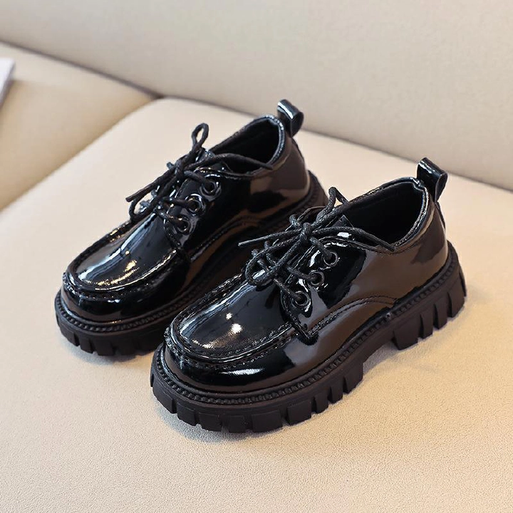 luxury school shoes Girls Boys Leather Shoes Solid Black Kid Shoes Spring Autumn Baby Casual British Style Children Shoes for Show  Glossy side Soft Bottom rubber thick bottom shoes Hot student-shoes