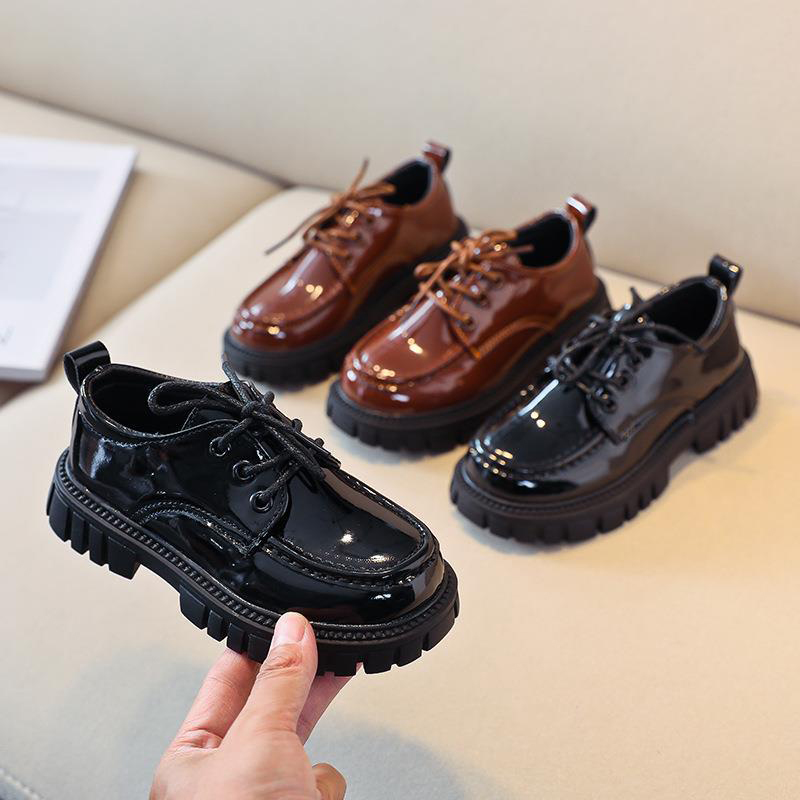 luxury school shoes Girls Boys Leather Shoes Solid Black Kid Shoes Spring Autumn Baby Casual British Style Children Shoes for Show  Glossy side Soft Bottom rubber thick bottom shoes Hot student-shoes