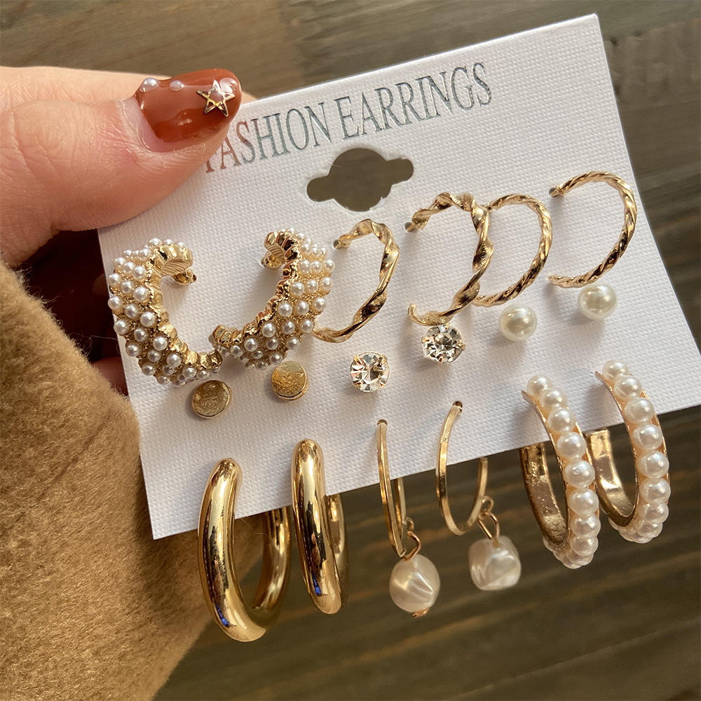 New Arrivals Earring set 2024 fashion jewelry pearl creative minimalist geometric alloy earrings hoop earrings Valentine's Day girlfriend gift for women