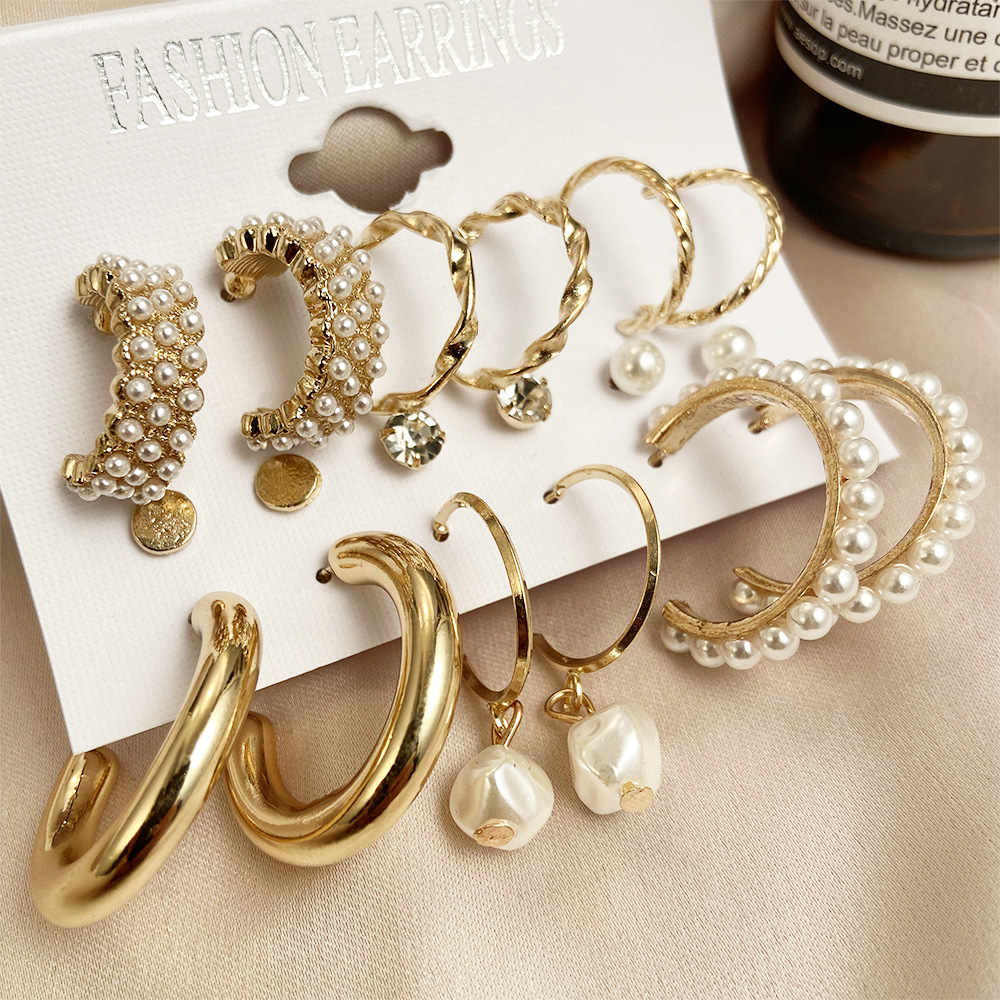 New Arrivals Earring set 2024 fashion jewelry pearl creative minimalist geometric alloy earrings hoop earrings Valentine's Day girlfriend gift for women