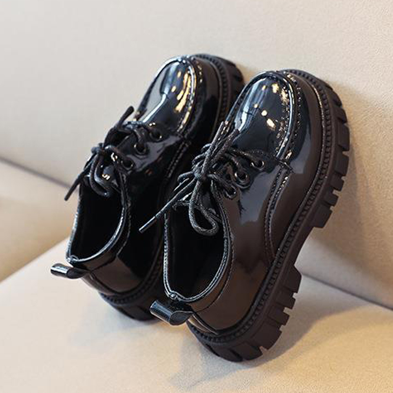 luxury school shoes Girls Boys Leather Shoes Solid Black Kid Shoes Spring Autumn Baby Casual British Style Children Shoes for Show  Glossy side Soft Bottom rubber thick bottom shoes Hot student-shoes