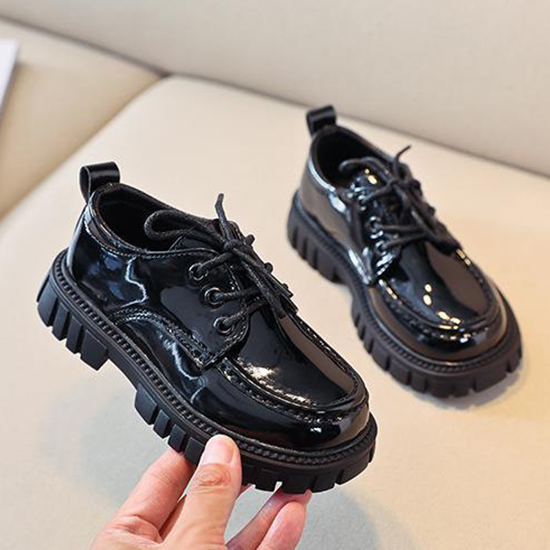 luxury school shoes Girls Boys Leather Shoes Solid Black Kid Shoes Spring Autumn Baby Casual British Style Children Shoes for Show  Glossy side Soft Bottom rubber thick bottom shoes Hot student-shoes