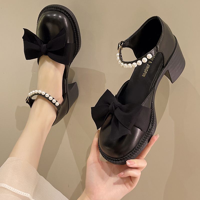 ASSKLO Mary Jane French High Heels Women's Summer 2025 New Pearl Bow Block Heel Non Slip Versatile Small Leather Shoes