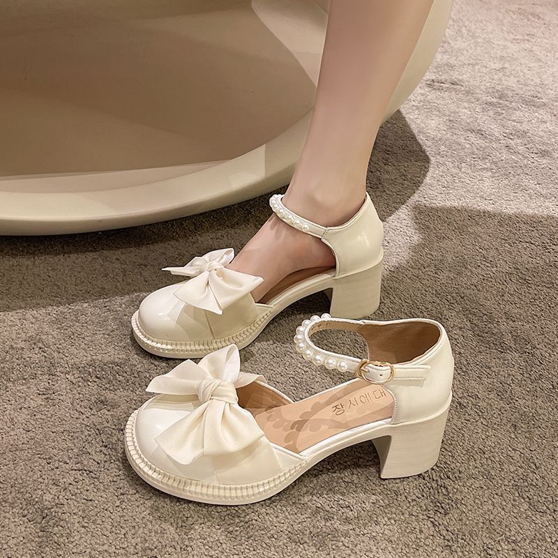 ASSKLO Mary Jane French High Heels Women's Summer 2025 New Pearl Bow Block Heel Non Slip Versatile Small Leather Shoes