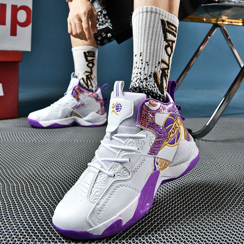 ASSKLO Men's women's basketball shoes autumn and winter leather print graffiti wear-resistant anti-slip couple sneakers trendy sneakers