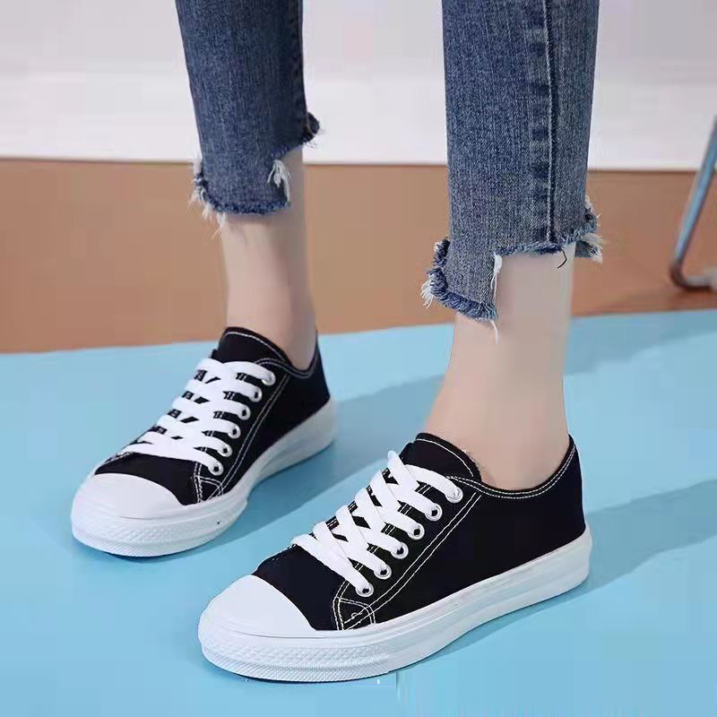 ASSKLO Flats shoes flat heel low top solid color black women's canvas small white shoes versatile version